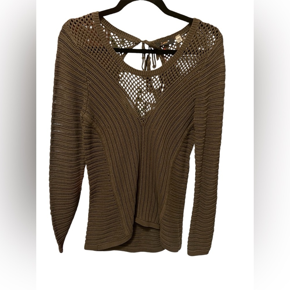 Dex Olive Green Crochet Knit Weave Keyhole Long-Sleeve Top Lightweight Sweater